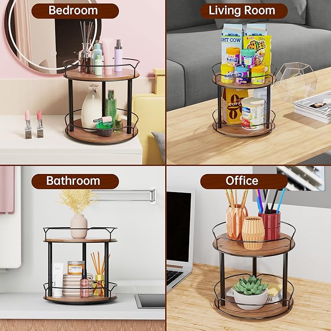 Lazy Susan Organizer 2 Tier - Turntable Spice Rack for Table Top, Wooden Rotating Lazy Susan for Cabinet Pantry Kitchen Countertop Dining Table Cupboard Bathroom Vanity Storage