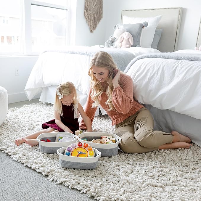 NaturalCozy 5-Piece Rectangle Storage Basket Set- Natural Cotton Rope Woven Baskets for Organizing! Small Basket for Montessori, Baby Nursery, Dog Toy Baskets, Cat Toy Box, Bathroom Organization Bin