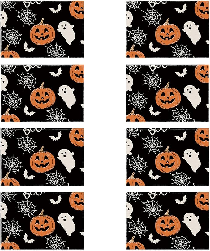 XCHI BOO Spooky Ghost Pumpkin Halloween Cloth Placemats Set of 8 Table Mats Table Decorations 12x18 Inch