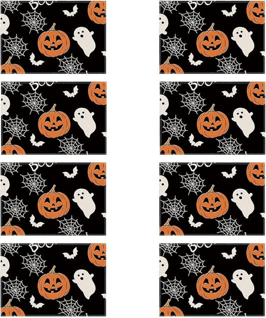 XCHI BOO Spooky Ghost Pumpkin Halloween Cloth Placemats Set of 8 Table Mats Table Decorations 12x18 Inch