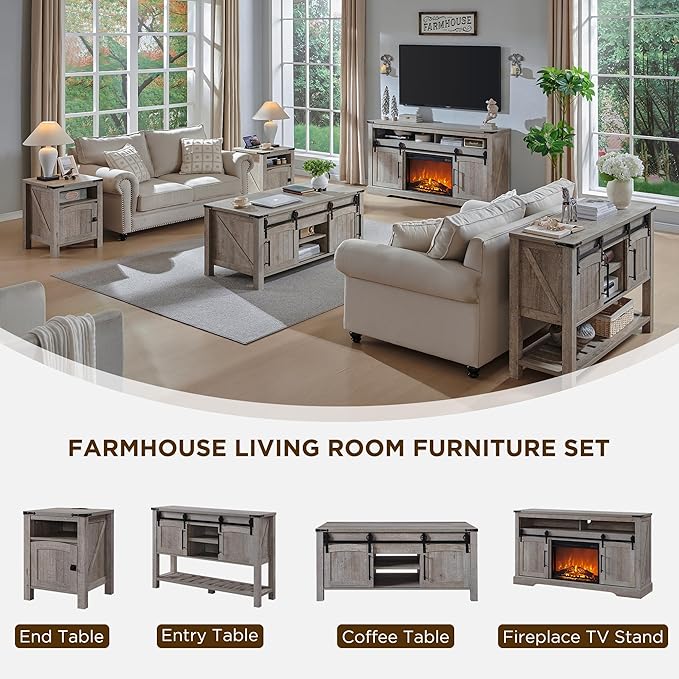 OKD Nightstand with Charging Station Set of 2, 18 Inchs Farmhouse End Table with Adjustable Storage Shelf, Rustic Wood Sofa Side Table for Bedroom