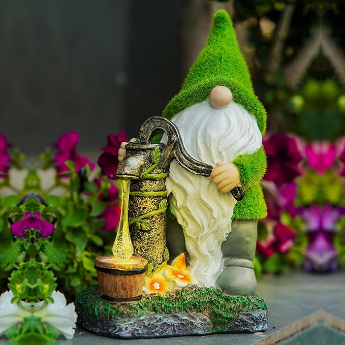 Water Pump Gnome Decorations for Yard/Lawn Outdoors Decor – Weatherproof Garden Statue – Fun Spring Summer Charming Gnomes Gifts for Women (Forest Green) and Home.