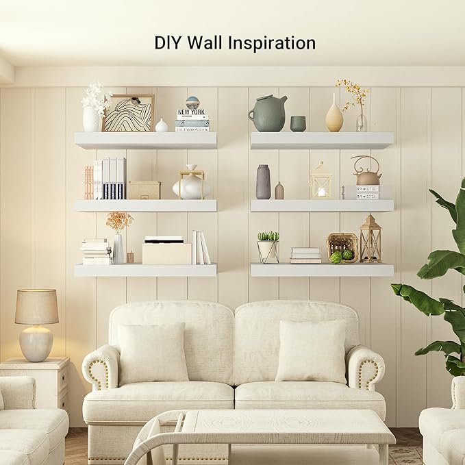 Heimlove 12 Inch Deep Floating Shelves, 48 x 12 inches Long, Large Display & Storage Shelf, Rustic Wood Wall Shelves for Fireplace Mantel, Set of 1(White)