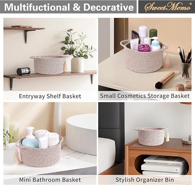 Small Soft Organizer Baskets，Decorative Mini Round Woven Rope Storage Bin Empty Gift Baskets for Man，Office, Desk Decor, Gifting, Kids, Toys, Pre Shaped, Brown, 2 Pack