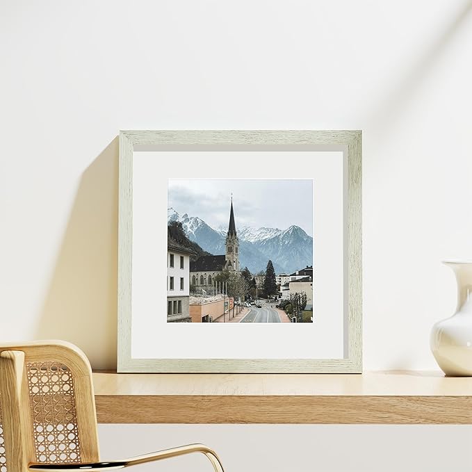 Vittanly 12x12 Picture Frames Set of 9, Shatter Resistant Plexiglass, Display 8x8 Pictures with Mat or 12x12 without Mat, Photo Frames for Wall Mount, Engineered Wood, Whitemist