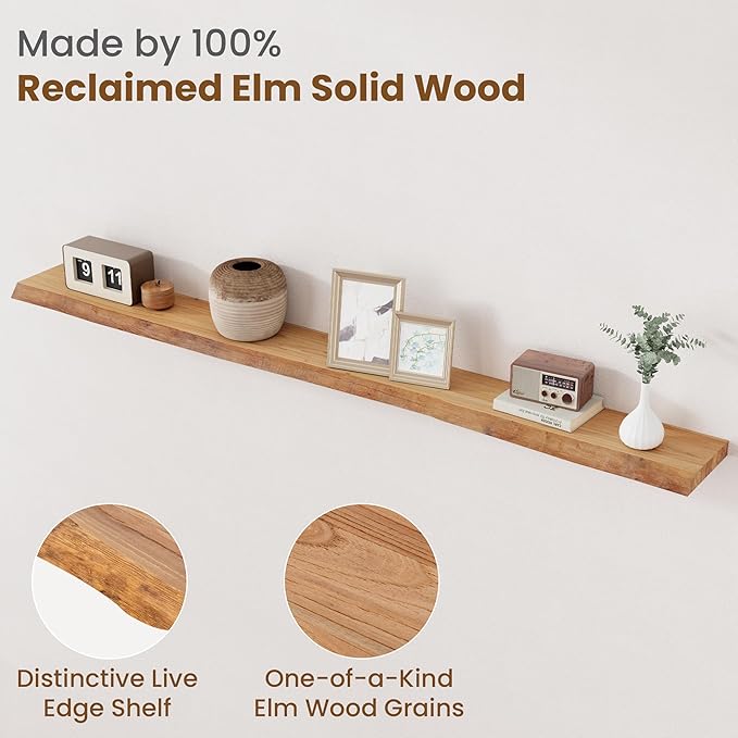 Floating Shelves for Wall Decor, Rustic Solid Elm Wood Live Edge Floating Shelves Wall Mounted, Wall Shelves with Invisible Bracket for Living Room Bathroom Bedroom Kitchen, 72 Inch, Natural