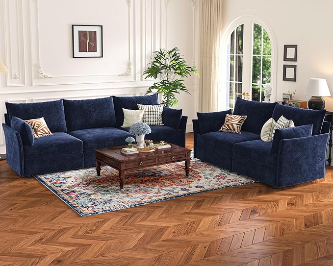 Oversized Loveseat Sofa, Modern Modular Sectional Couch Blue Fluffy Chenille Mid Century 2-Seat 24.5" Deep Seat for Apartment, Living Room, Bedroom