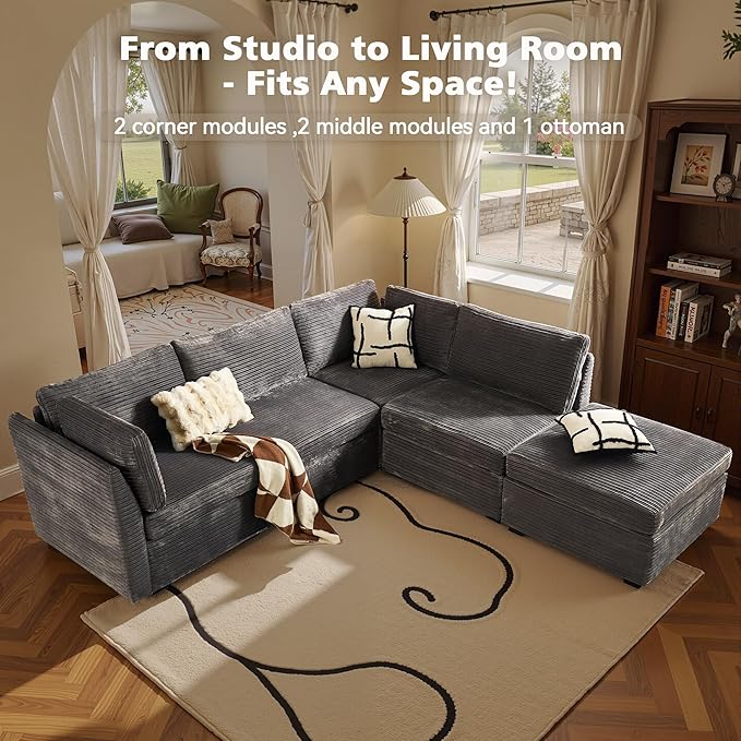 Modular Sectional Sofa, 130.7" L Shaped Couch Set for Living Room, 4-Seater Comfy Cloud Couches with Movable Ottoman, DIY Combination, Plush Corduroy, Gray
