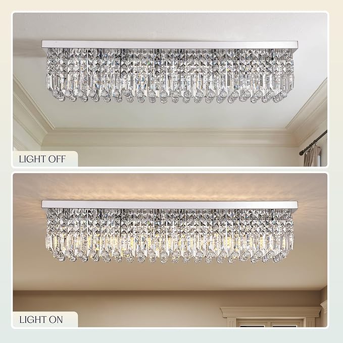 Modern Crystal Chandelier, 8-Lights Rectangle Chandelier Rectangular Flush Mount Pendant Ceiling Light Fixture K9 Crystal Raindrop Chandeliers for Dining Living Room Kitchen Island 𝐋𝟒𝟎 𝐈𝐧𝐜𝐡
