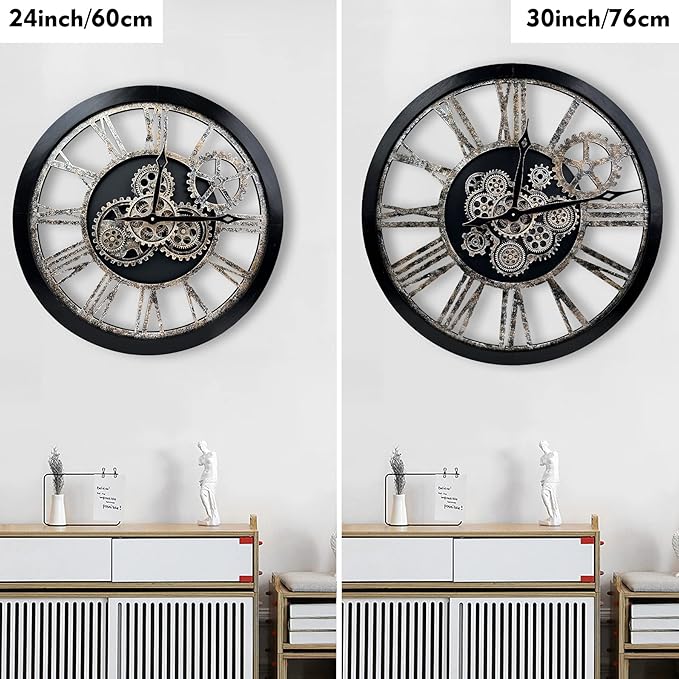 The B-Style Large Real Moving Gears Wall Clock 30 inch Rustic Retro Industrial Farmhouse Wood Clock Oversized Decorative Vintage Wall Clocks for Living Room (Black)