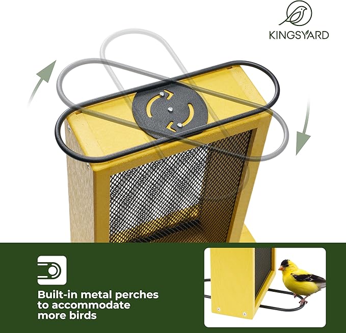 Kingsyard Metal Mesh Bird Feeder for Outdoors Hanging, Finch Feeder for Nyjer/Thistle, Sliding Mesh & Built-in Perch, Recycled Plastic, Yellow