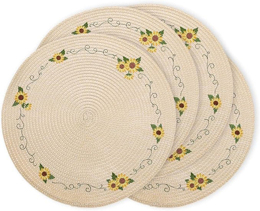 Whaline 4Pcs Round Sunflower Placemats Spring Summer Flower Embroidered Place Mats Floral Dinner Table Mats for Home Holiday Birthday Baby Shower Party Decor