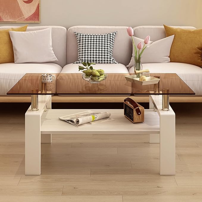 Glass Coffee Table Rectangle Living Room Center Table, with Brown Tempered Glass Tabletop and White MDF Layer,for Living Room and Office, Brown+White