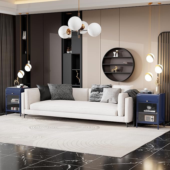 Modern Metal Side Tables, End Tables with Glass Door, 2-Tier Nightstands with Storage Shelves, Accent Table, Slim Sofa Table for Living Room, Bedroom (1, Bule)