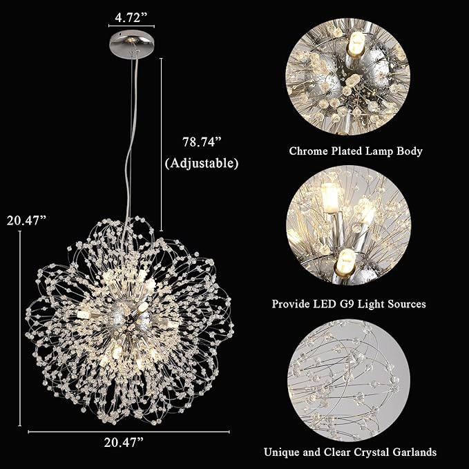 Modern Farmhouse Chandelier, Sputnik Crystal Beaded Pendant Lamp, Round Sunflower Chrome Hanging Light Fixtures for Dining Room Foyer Bedroom Kitchen Island (Chrome 12Lights)