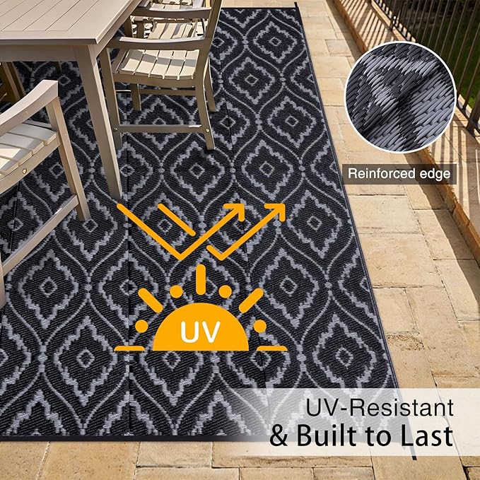 OLANLY Outdoor Rug 6x9 ft Waterproof, Outdoor Plastic Straw Rug with Geometric Pattern Clearance, Reversible RV Mat for Patio, Camping, Balcony, Deck, Backyard, Black & Grey