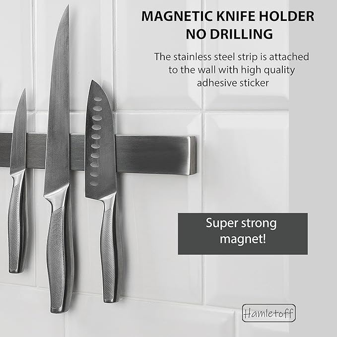 Premium Magnetic Knife Holder for Wall no Drilling – 16 Inch Stainless Steel Magnetic Knife Holder Self Adhesive - Kitchen Magnetic Knife Strip with Adhesive Sticker (Upgraded Adhesive Tape)