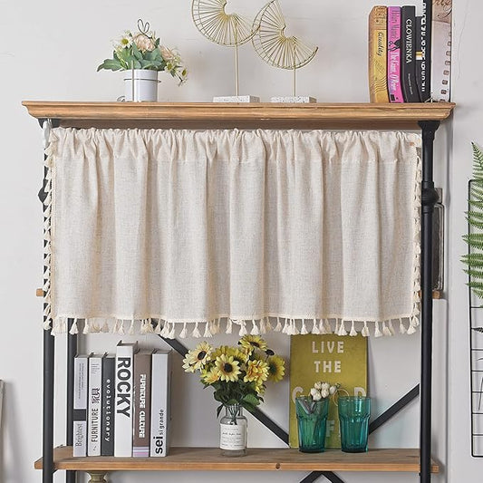 Sutuo Home Boho Sheer Curtain Valance Tier Cotton Linen with Bohemian Handmade Tassels, Short French Farmhouse Window Treatment for Kitchen Cafe, Rod Pocket, 1 Panel 59" W x 24" L, Natural Textured