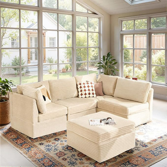 Modular Sectional Sofa, 130.7" L Shaped Couch Set for Living Room, 4-Seater Comfy Cloud Couches with Movable Ottoman, DIY Combination, Plush Corduroy, Beige