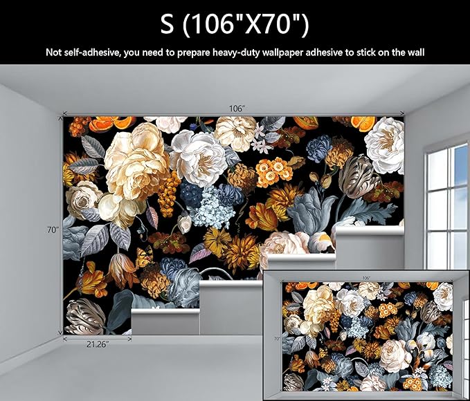 WFBHUA-Black and Gold Floral Wallpaper for Bedroom Vintage Blue Peony Flower Wall Mural (Not Peel and Stick)