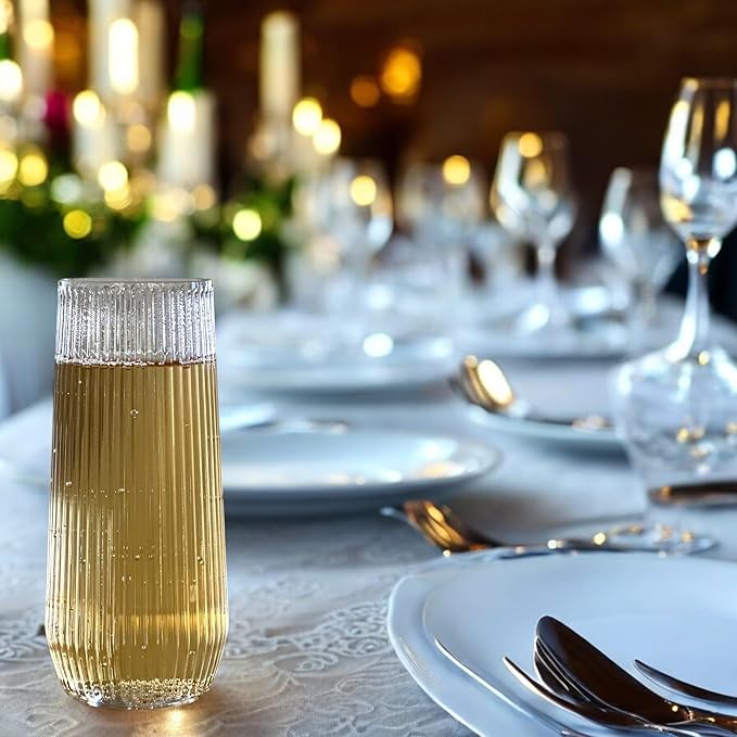 48 Pack Ribbed Ripple Stemless Toasting Glasses, Origami Durable 9 Oz BPA-Free Disposable Plastic Champagne Flutes for Weddings, Bars, Events, and Celebrations (Clear)