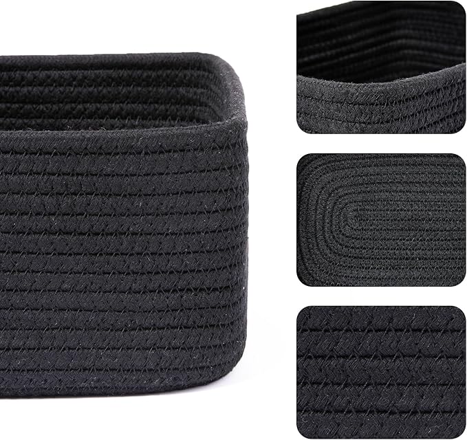 Small Storage Baskets for Organizing | Closet Organizer Bins | Shelf Toy Basket | Woven Rope Baskets | Cube Decorative Box | Shallow Basket | 11.5x7.5x4.7” | 4 Packs Black