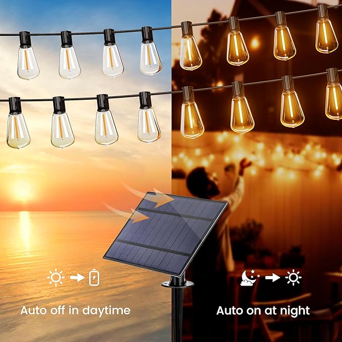 OHLUX 120FT Solar String Lights Outdoor with Remote, 2200K Soft Warm Patio Lights with 52 Shatterproof ST38 Tear-Drop LED Filament Bulbs, Dimmable Outside Edison Hanging Light for Backyard Deck Roof