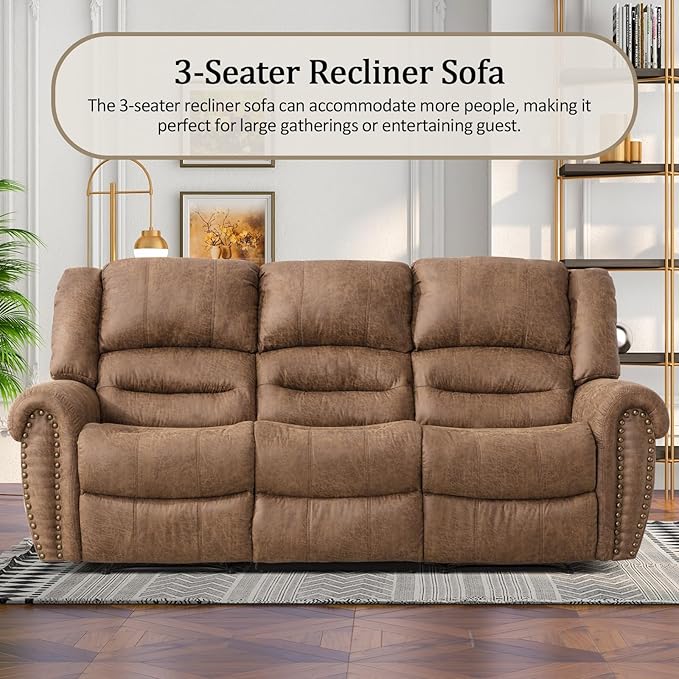 CANMOV Manual Reclining Sofa Set, Faux Leather Manual Recliner Sofa and Recliner Chair with Overstuffed Armrest for Living Room,Bedroom Furniture,Office,Nut Brown