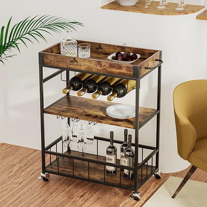 Bar Cart Serving Wine 3 Tier Home Rolling Rack with Wheels Mobile Kitchen Industrial Vintage Style Wood Metal Serving Trolley Serving Cart,Glass Holder Bar Cabinet