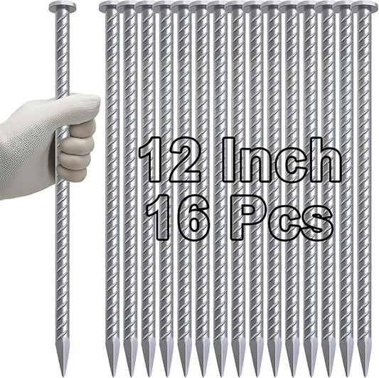 VVOKGO 12 Inch Rebar Stakes Metal Asphalt Anchoring Spikes Ground (16pcs), 1/2 Inch Diameter Galvanized Landscape Anchors Heavy Duty for Speed Bump, Handicap Threshold Ramps, Parking Limits Curb, Tarp