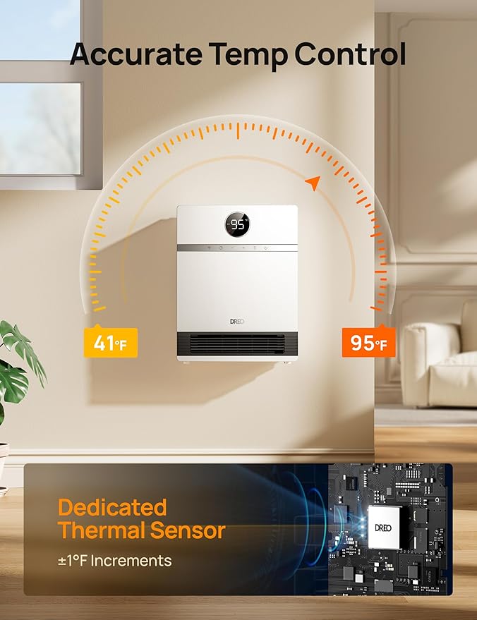 Dreo Smart Wall Heater, IP24 Electric Space Heater with ALCI Plug for Indoor Use, 30° Oscillation, Adjustable Thermostat, Remote Control, Works with Alexa, 24H Timer, Easy-mounted Heater for Bathroom