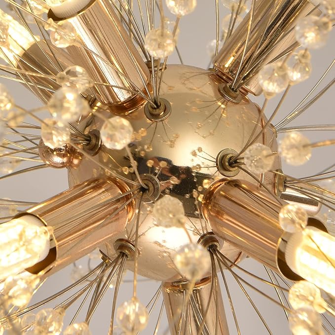 Modern Gold Chandelier Crystals, Sputnik Sunflower Beaded Hanging Lamp, Small Dandelion Pendant Light Fixtures for Kitchen Island Dining Room Bedroom Entryway (Gold 8Lights)
