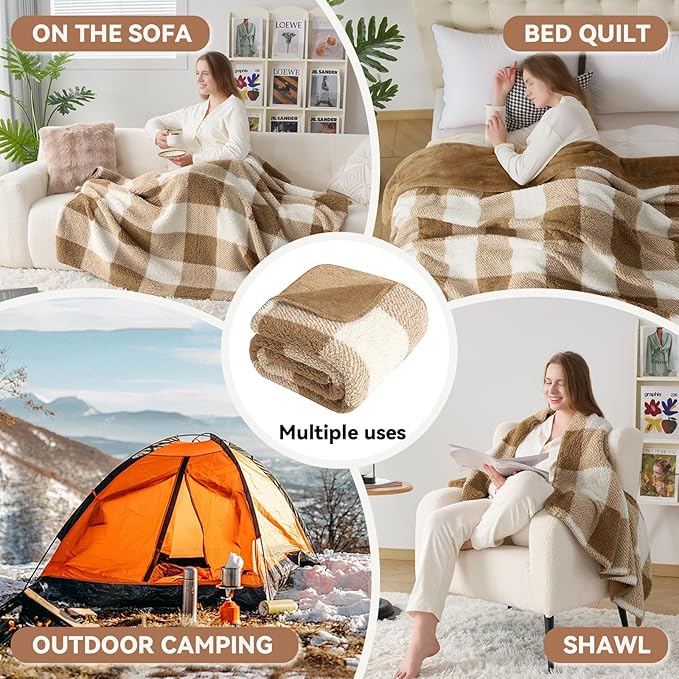 LURKA Checkered Sherpa Fleece Twin-Size Bed Blanket - Extra Thick and Warm Winter Soft Fuzzy Plush Blanket for Couches, Beds & Pets, Brown, 60x80 Inches