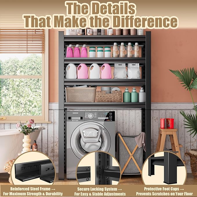 Over Washer Storage,5Tier Expandable Washer and Dryer Rack, Laundry Room Storage Over Toilet Washing Machine and Dryer Storage Rack Bathroom Organization, Hold 500 lb, Black