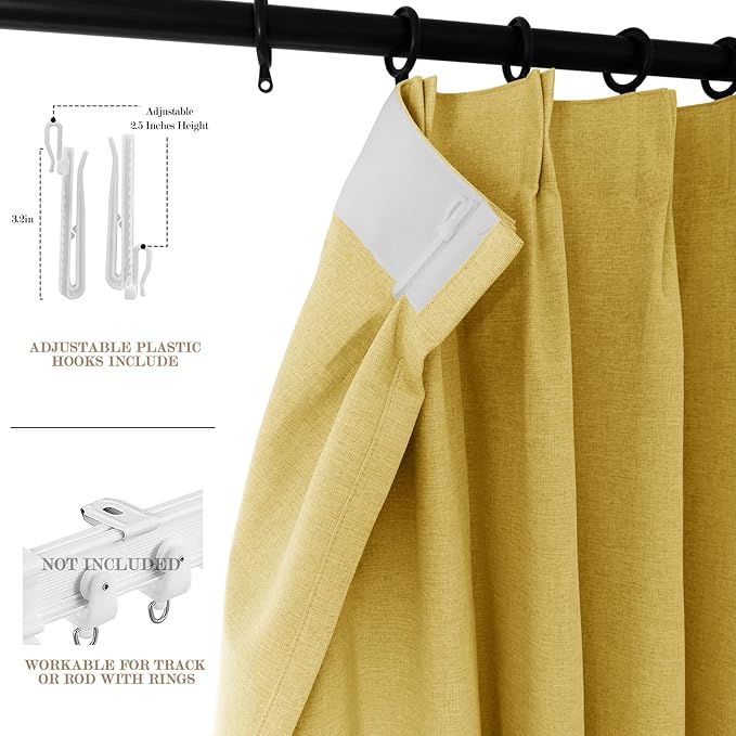 120" Wx102 L Linen Room Divider Drapes for Doorway/Glass Window/Sliding Door/Patio, Extra Wide Pinch Pleated Full Blackout Curtains for Girls Boys Teen Kids Room, 1 Panel, Yellow