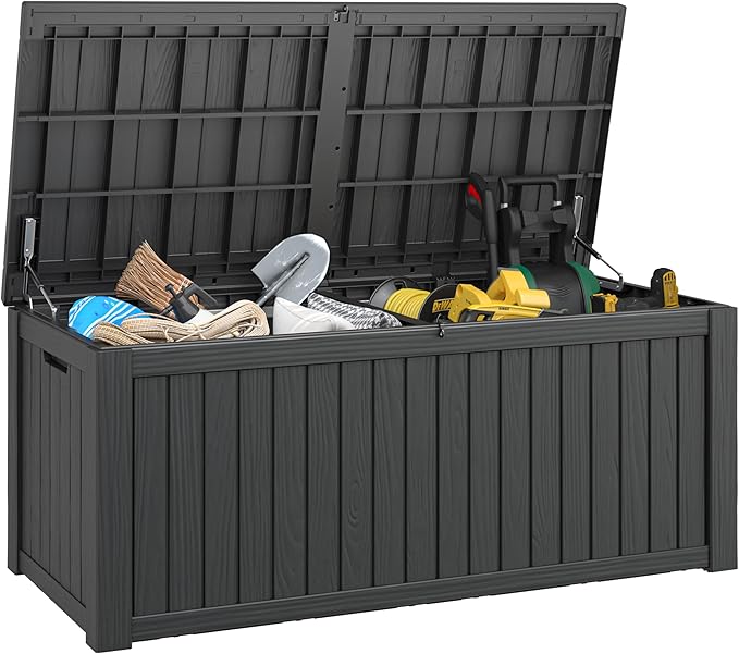150 Gallon Resin Deck Box, Large Indoor and Outdoor Storage Box, Weatherproof and UV Resistant Outdoor Storage Box with Built-in Steel Beams for Patio, Cushions, Pool Supplies