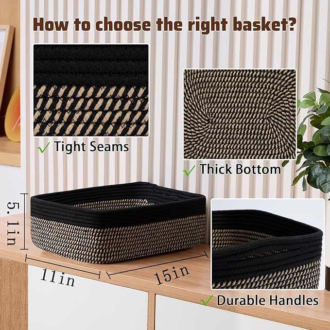 Large Shallow Organizing Baskets 15x11x5.1 Inches - Rope Woven Storage Bins for Bathroom, Shelves, Cube Closet, Black Woven Brown 2 Packs