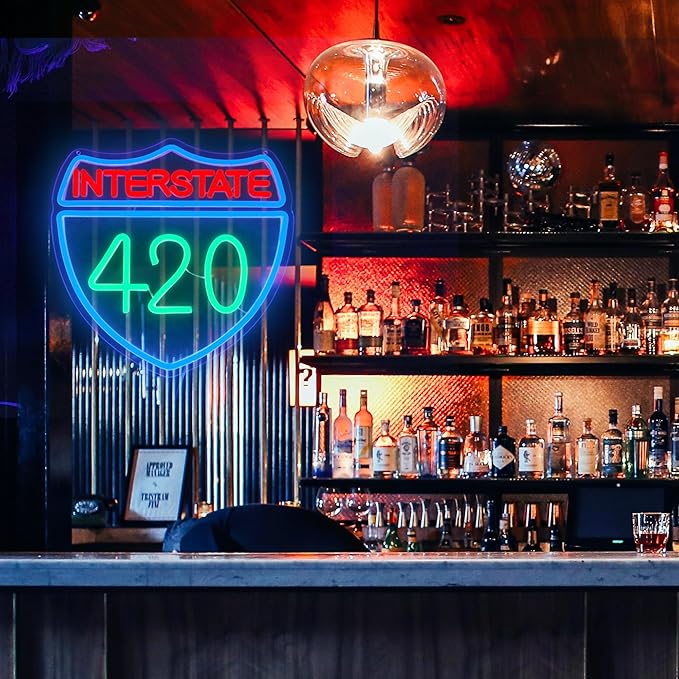 Interstate 420 Neon Sign Green Leaf Neon Signs for Wall Decor Dimmable 420 Theme Light Vintage Route Neon Light Sign for Game Room Man Cave Bar Decor Suitable Gift for Party Birthday（12.6 * 12.3inch）