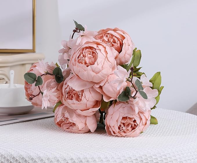Duovlo Artificial Peony Silk Flowers Fake Flowers Vintage Wedding Home Decoration,Pack of 1 (New Pink)