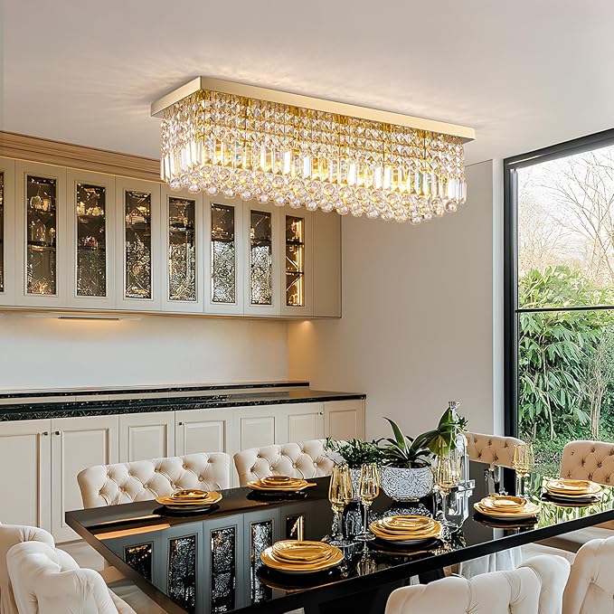Modern Crystal Chandelier, 6 Lights Luxury Gold Rectangular Flush Mount Ceiling Light, Dining Room Light Fixture, Rectangle K9 Crystal Raindrop Chandelier for Living Room Bedroom L31.5 Inch