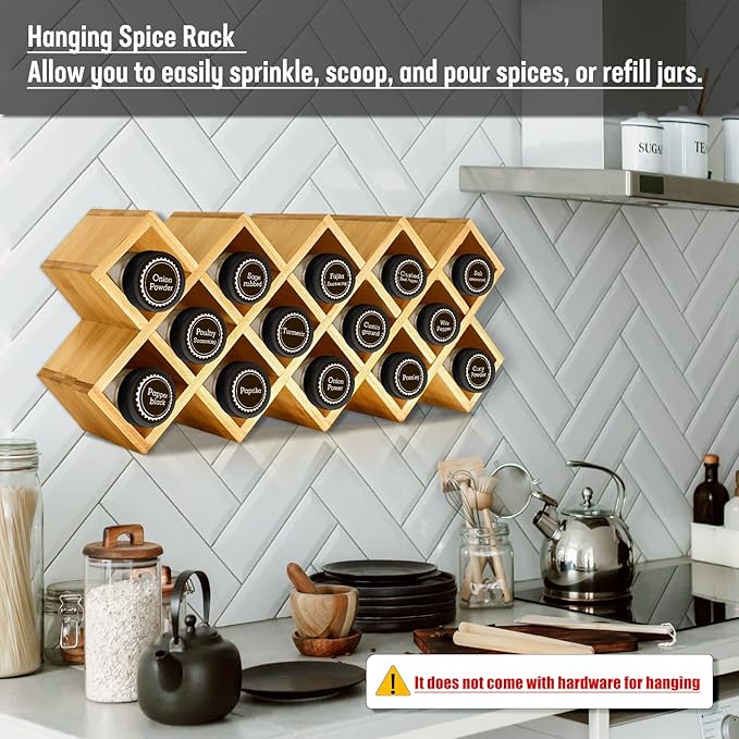 Bamboo Criss Cross Spice Rack Organizer for Cabinet, Wood Seasoning Rack Spice Holder, 18-Jar Spice Rack Tower Spice Storage for Kitchen Countertop Drawer-Jars Not Included