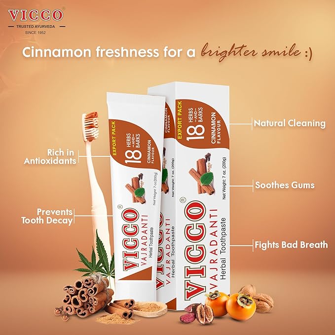 Vicco Vajradanti Ayurvedic Herbal Toothpaste by Vicco – 70 Year Legacy of Ayurveda, Cinnamon Flavour, with 18 Ayurvedic Herbs & Barks, 100% Natural, Vegan, Fluoride-Free & Cruelty-Free – 7 oz (3 Pack)
