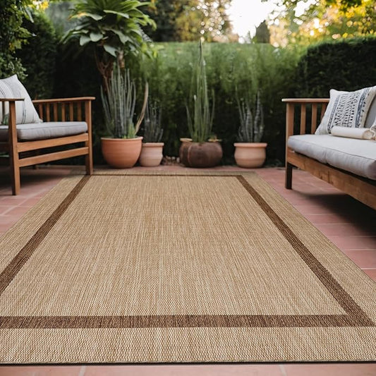 Bordered Outdoor Rug 6x9 Washable Outside Carpet for Indoor Patio Porch Waterproof Easy Cleaning Non Shedding Area Rugs Jute Beige - Nut Brown 6 x 9