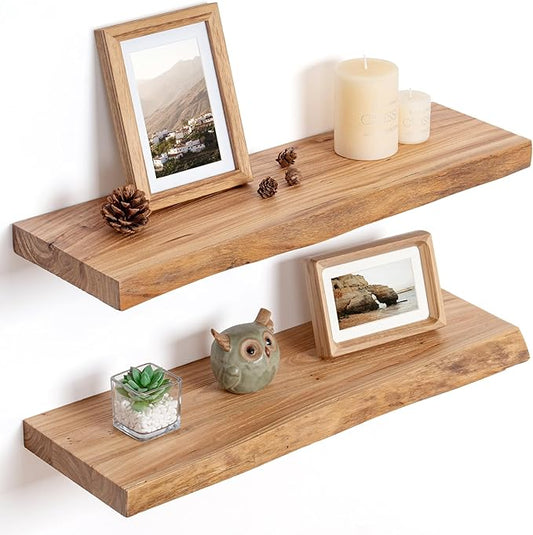 Floating Shelves for Wall Decor, Rustic Solid Elm Wood Live Edge Floating Shelves Wall Mounted, Wall Shelves with Invisible Bracket for Living Room Bathroom Bedroom Kitchen, 24 Inch Set of 2, Natural
