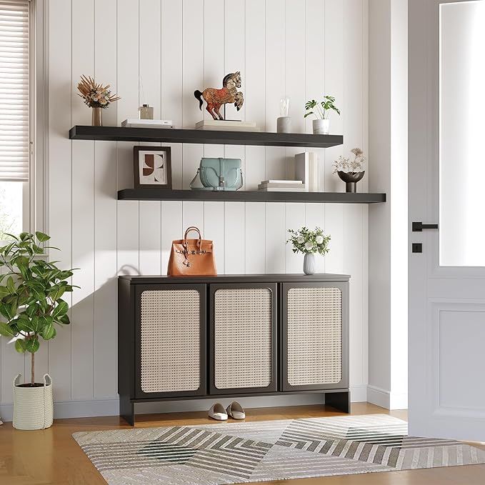 HOOBRO Floating Shelves for Wall, Wall Mounted Shelf Set of 2, 55" Hanging Shelf with Invisible Brackets, for Wall in Bathroom, Bedroom, Toilet, Kitchen, Living Room, Office, Black BK140BJP201