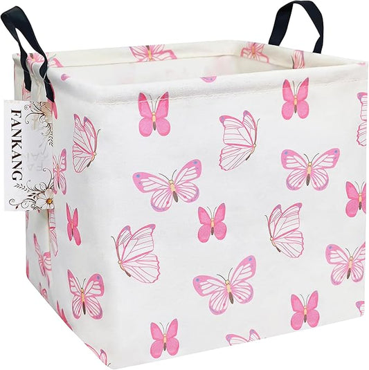 FANKANG Square Nursery Hamper Storage Bins Canvas Laundry Basket Foldable with Waterproof PE Coating Storage Baskets Gift Baskets for Children, Office, Bedroom, Clothes（Square-pink butterfly ）