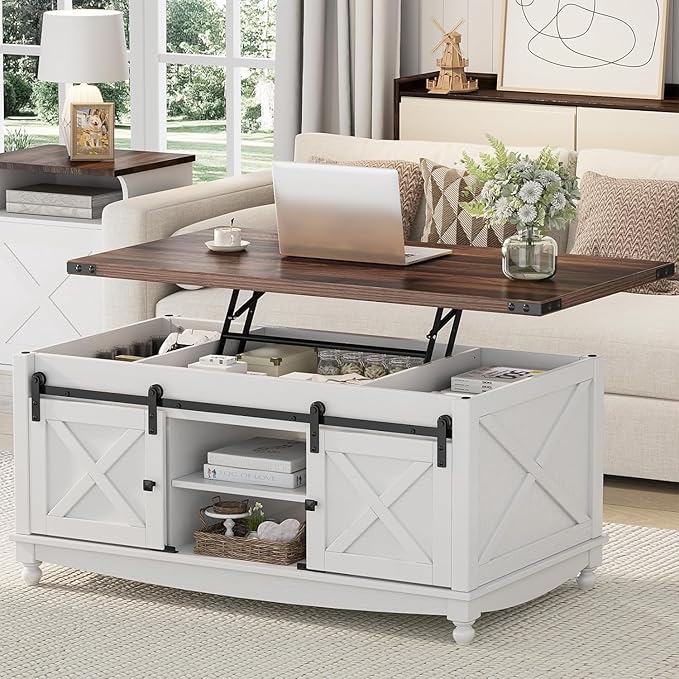 48" Farmhouse Lift Top Coffee Table with Storage Sliding Barn Door & Large Hidden Compartment, Coffee Table with Lifting Top with Wooden Lift Tabletop, Coffee Tables for Living Room, White