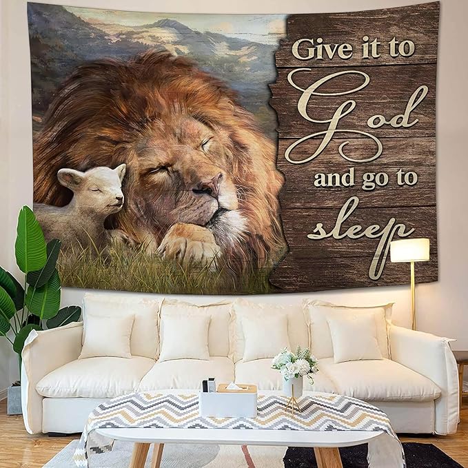 yowecso Lion and Lamb Tapestry Give It To God And Go To Sleep Tapestry Wall Hanging for Bedroom Christian Religious Tapestries Aesthetic Wall Decor for Home Dorm Living Room 50"x60"