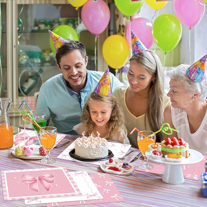 Pink Bow Plastic Place Set of 6 Cute Coquette Butterfly Bowknot Dinner Table Mats Pink Ribbon Bow Mats Wedding Baby Shower Birthday Table Decoration for Indoor Outdoor Party Kitchen Dining