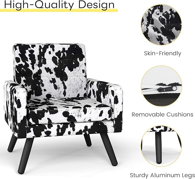 Kromax Mid-Century Modern Accent Chair Set of 2 for Living Room, 496 Lb. Weight Capacity, Dual Armrests, Comfy Extra Large Seat, Timeless Style Perfect for Reading & Relaxing, Cow Pattern